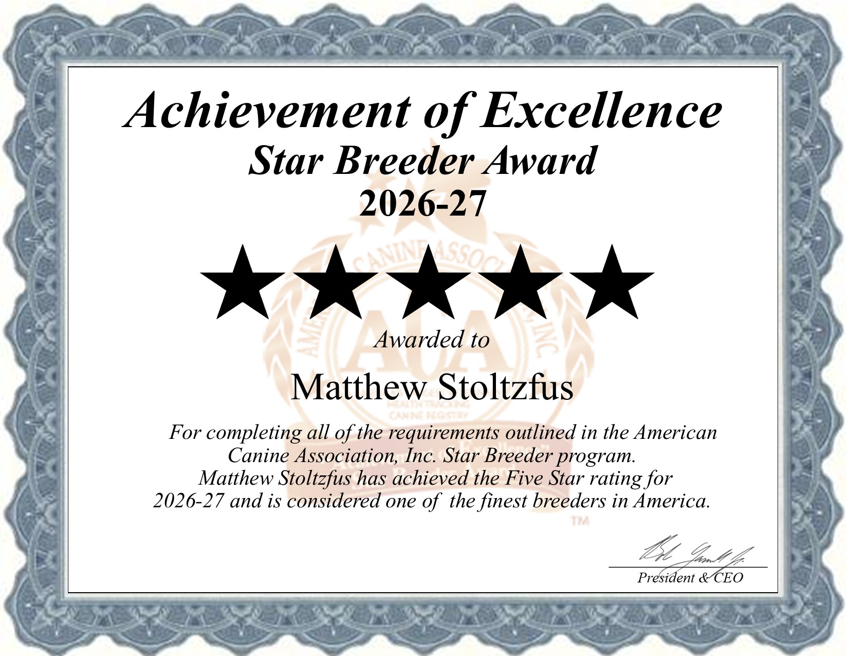 Matthew B. Stoltzfus dog breeder certificate